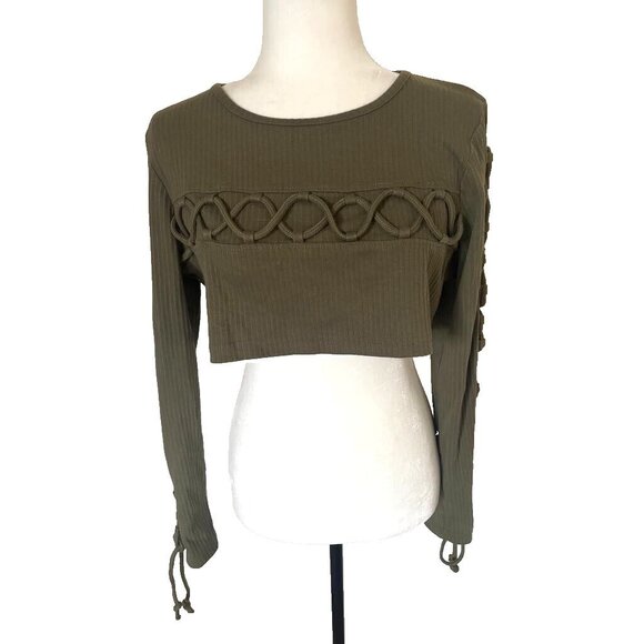 NWT MISSGUIDED Top Size 10 Khaki Green Ribbed Knit Crop Top Cross Lace Detail - Picture 1 of 8